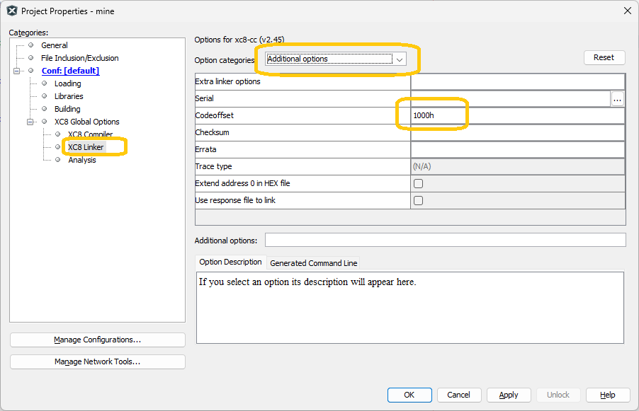 Code offset configuration dialog