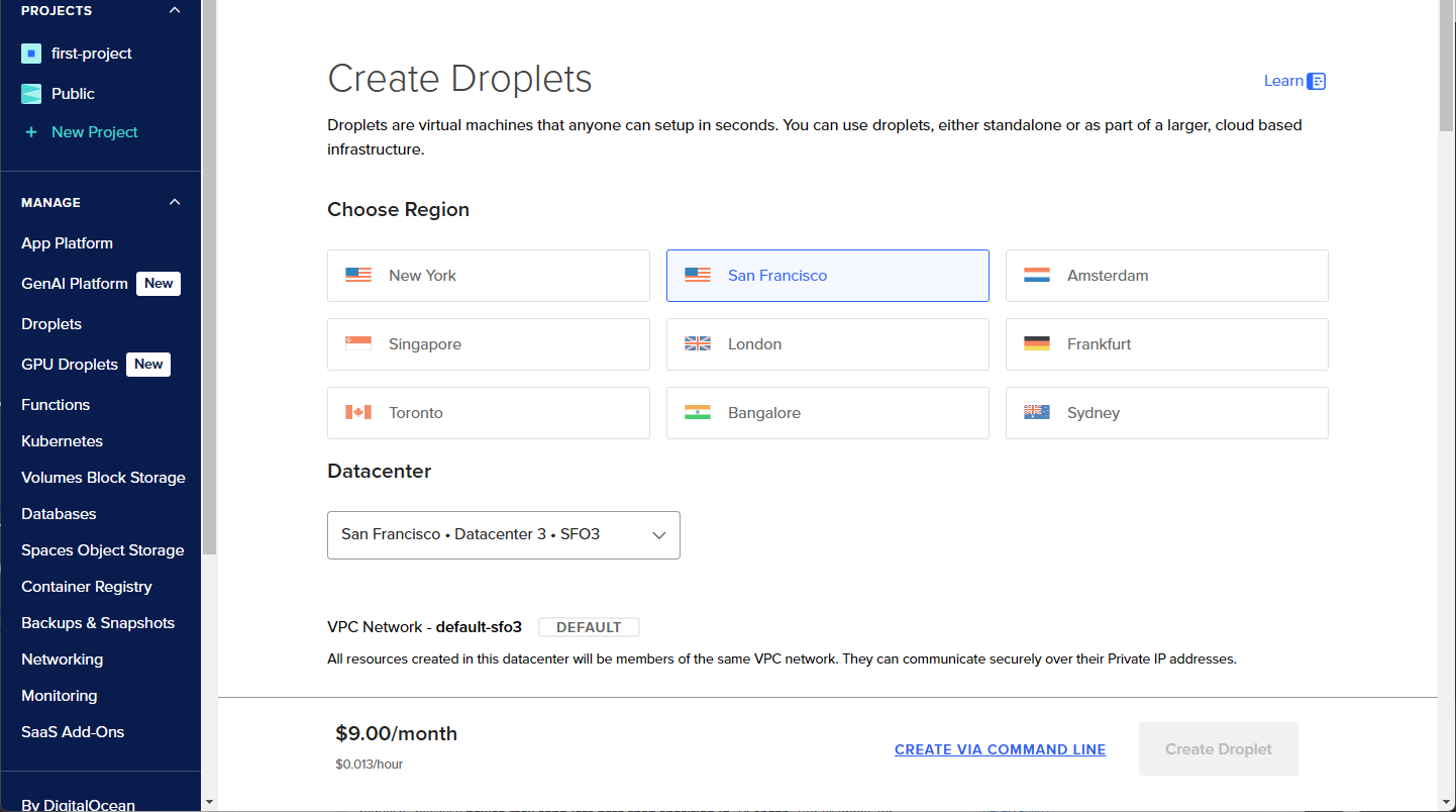 Screenshot of DigitalOcean droplet creation options
