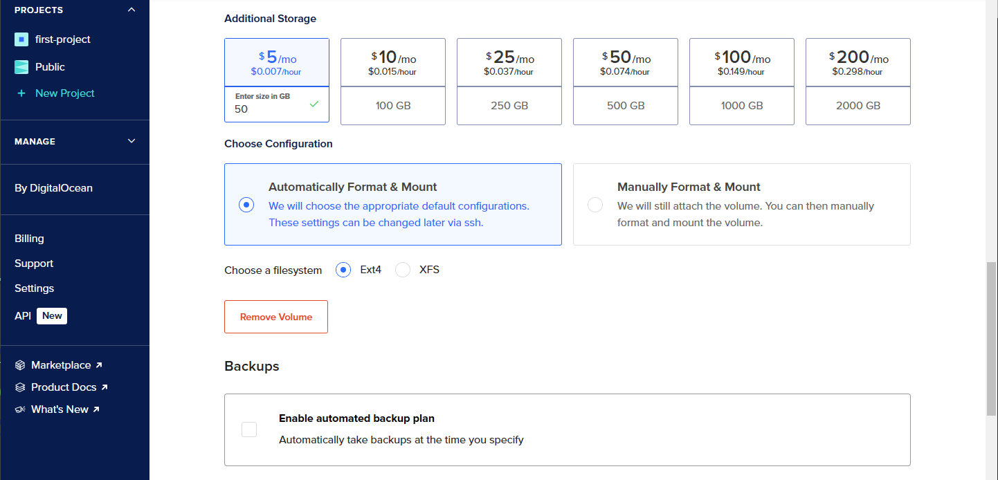 Screenshot of DigitalOcean droplet disk options