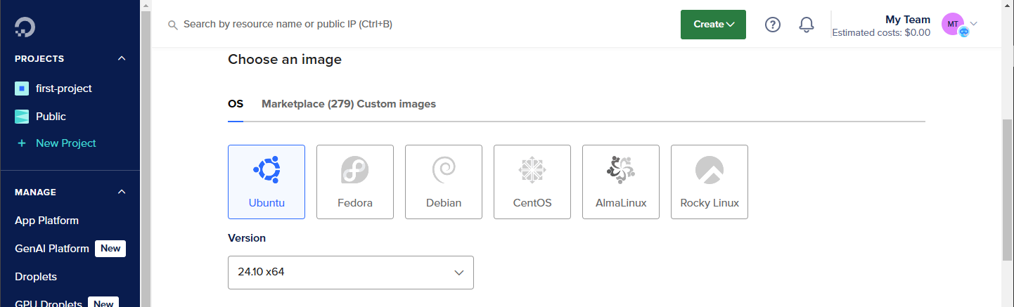 Screenshot of DigitalOcean droplet OS options