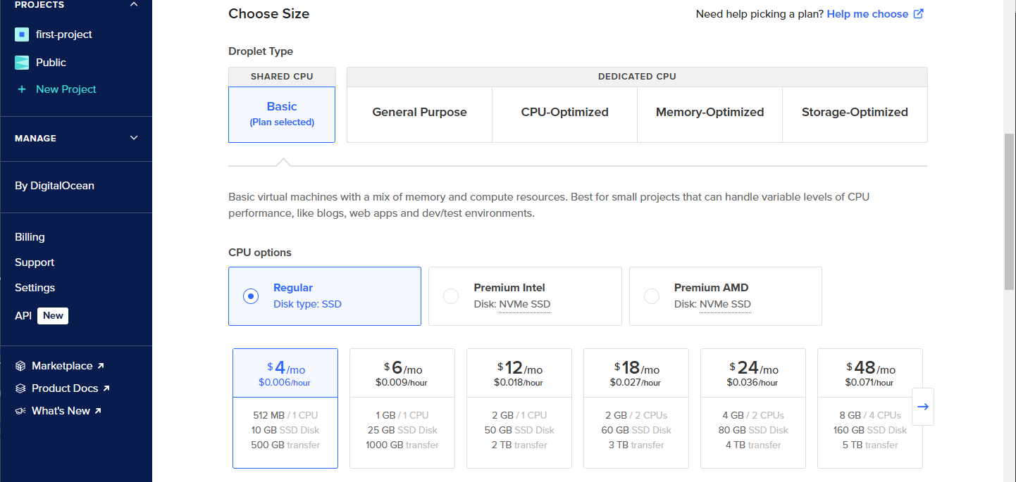 Screenshot of DigitalOcean droplet CPU options
